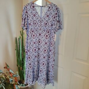 NWT Liz Claiborne Purple Paisley Abstract Floral Linen Shortsleeve Dress,Size 18